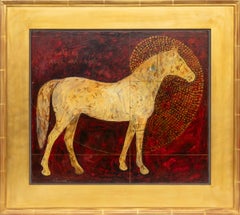 Pittura di cavallo espressionista moderna con olio, foglia d'oro e spirale Nautilus