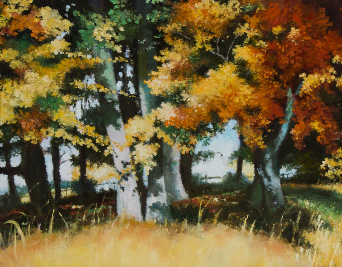 Sharyn Jennings - Óleo contemporáneo firmado y enmarcado, Paisaje otoñal arbolado en venta 1