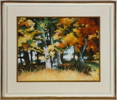 Sharyn Jennings - Peinture à l'huile contemporaine encadrée et signée, paysage d'automne en bois