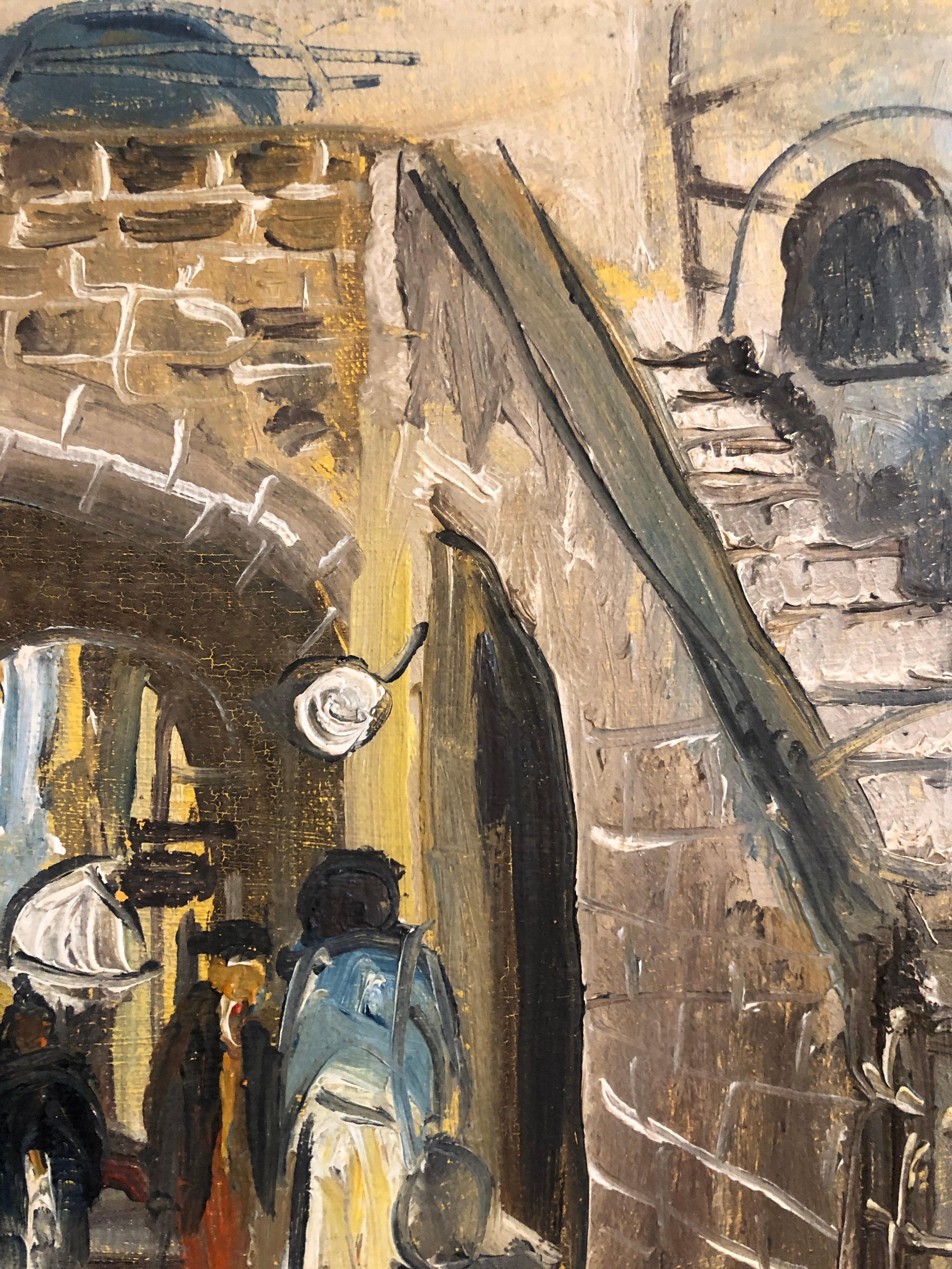 Judaica israelí Pintura al óleo, Escena callejera Jerusalén o Safed - Painting Impresionista de Shaul Victor