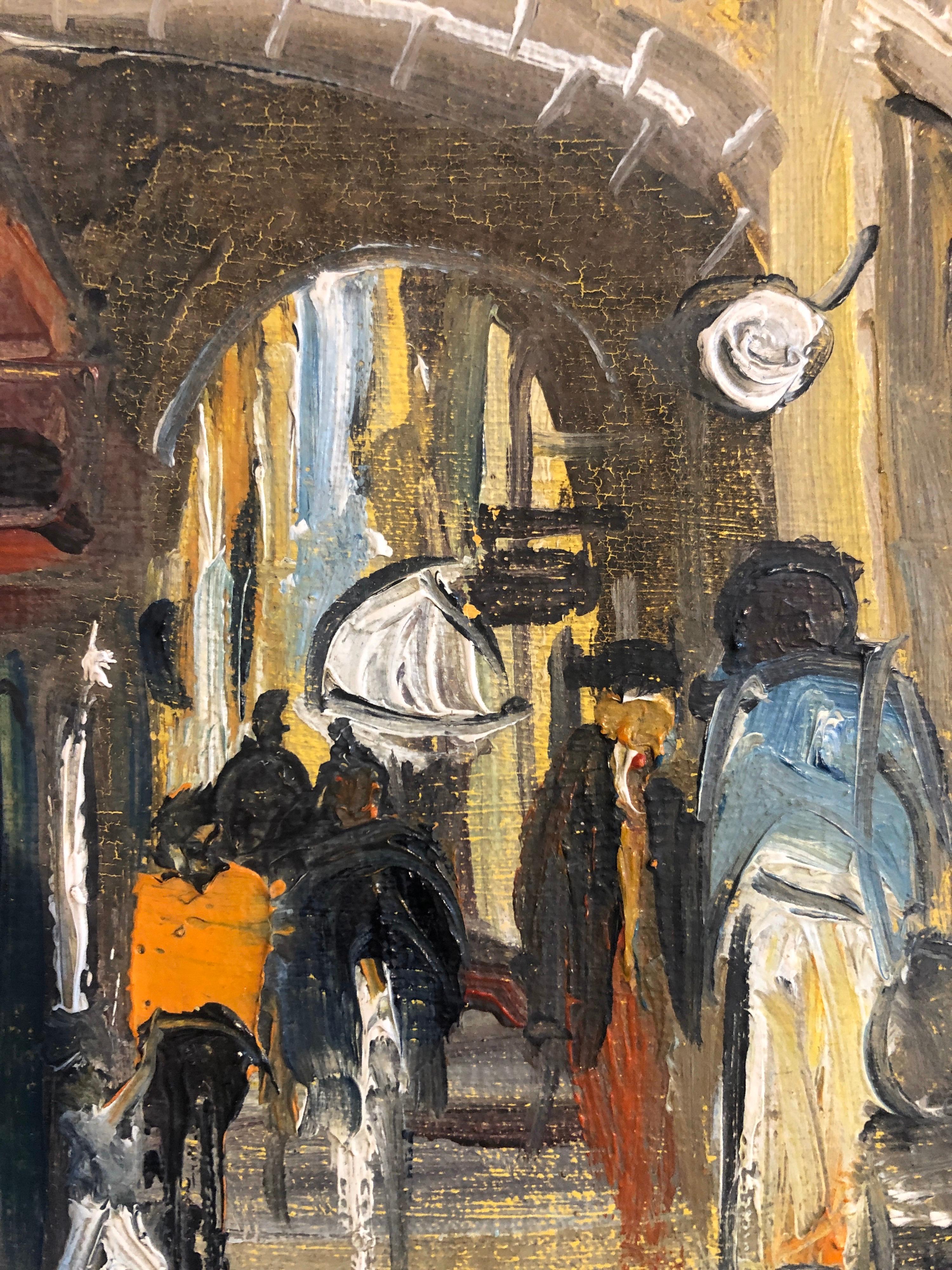 Judaica israelí Pintura al óleo, Escena callejera Jerusalén o Safed - Portrait Painting Marrón de Shaul Victor