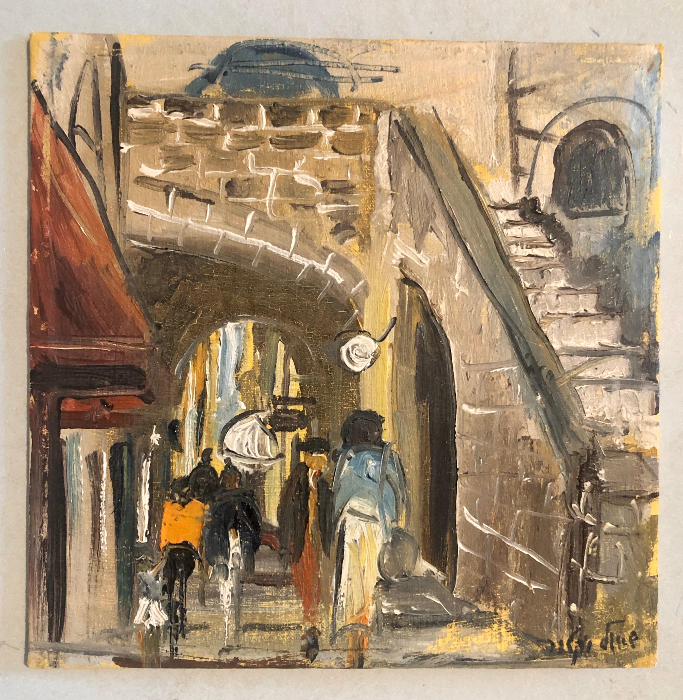 Judaica israelí Pintura al óleo, Escena callejera Jerusalén o Safed en venta 1