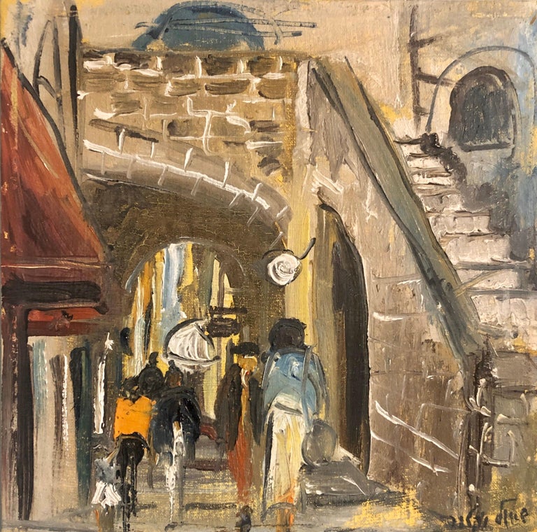 Shaul Victor Portrait Painting - Israeli Judaica Oil Painting, Street Scene Jerusalem or Safed