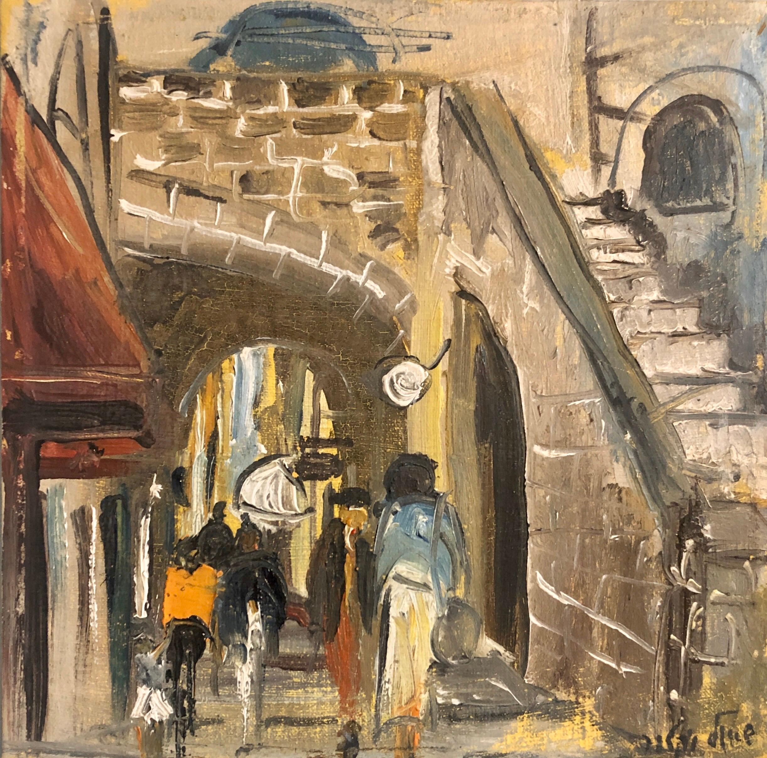 Portrait Painting de Shaul Victor - Judaica israelí Pintura al óleo, Escena callejera Jerusalén o Safed