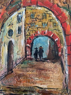 Judaica israelí Pintura al óleo Escena callejera Jerusalén o Safed Rabino jasídico