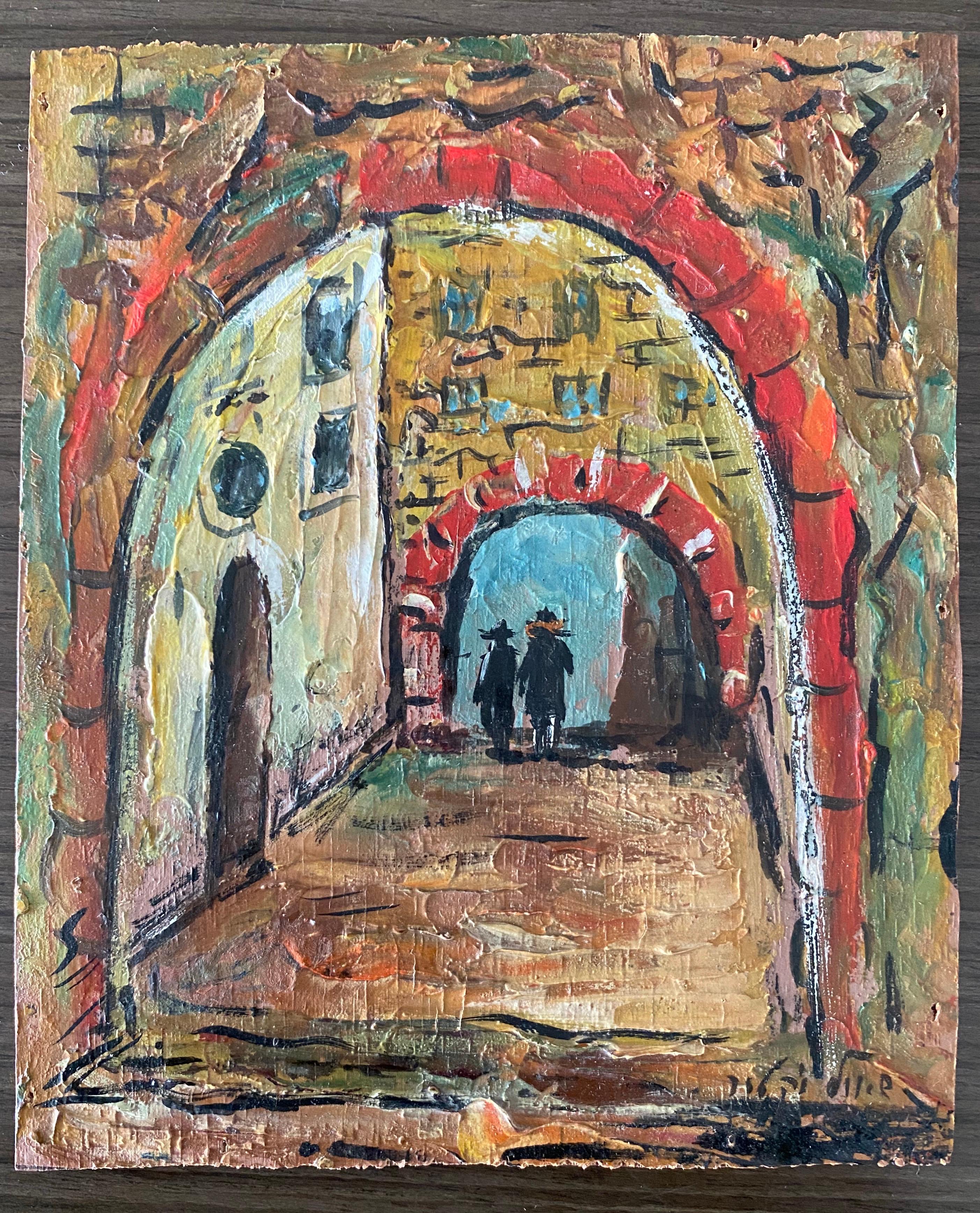 Israeli Judaica Oil Painting Street Scene Jerusalem or Safed Hasidic Rabbi  For Sale 1