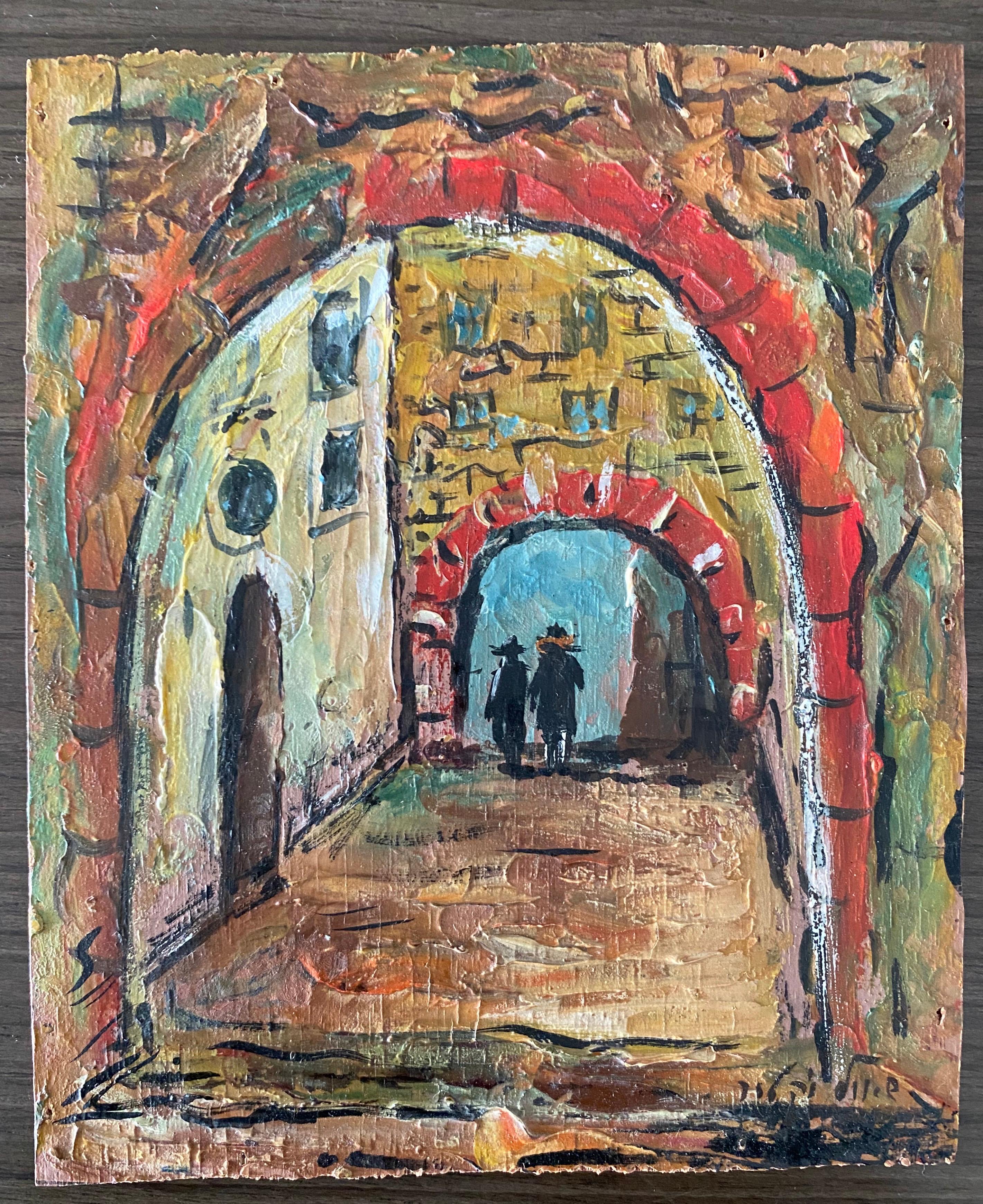 Israeli Judaica Oil Painting Street Scene Jerusalem or Safed Hasidic Rabbi 