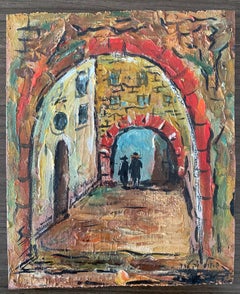 Vintage Israeli Judaica Oil Painting Street Scene Jerusalem or Safed Hasidic Rabbi 