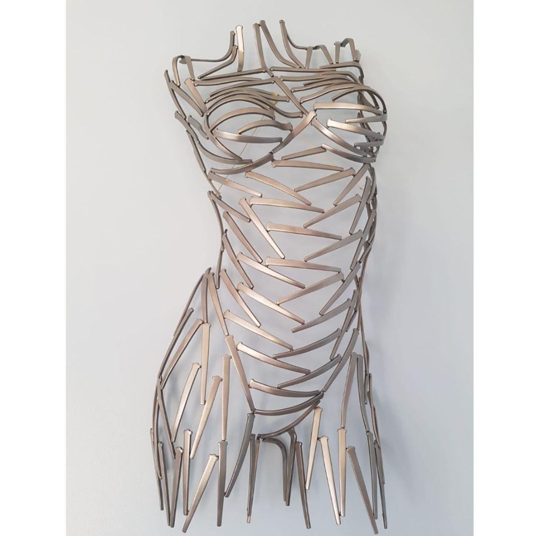 Nailed It Front - original metallic female form sculpture - contemporary art  For Sale 1