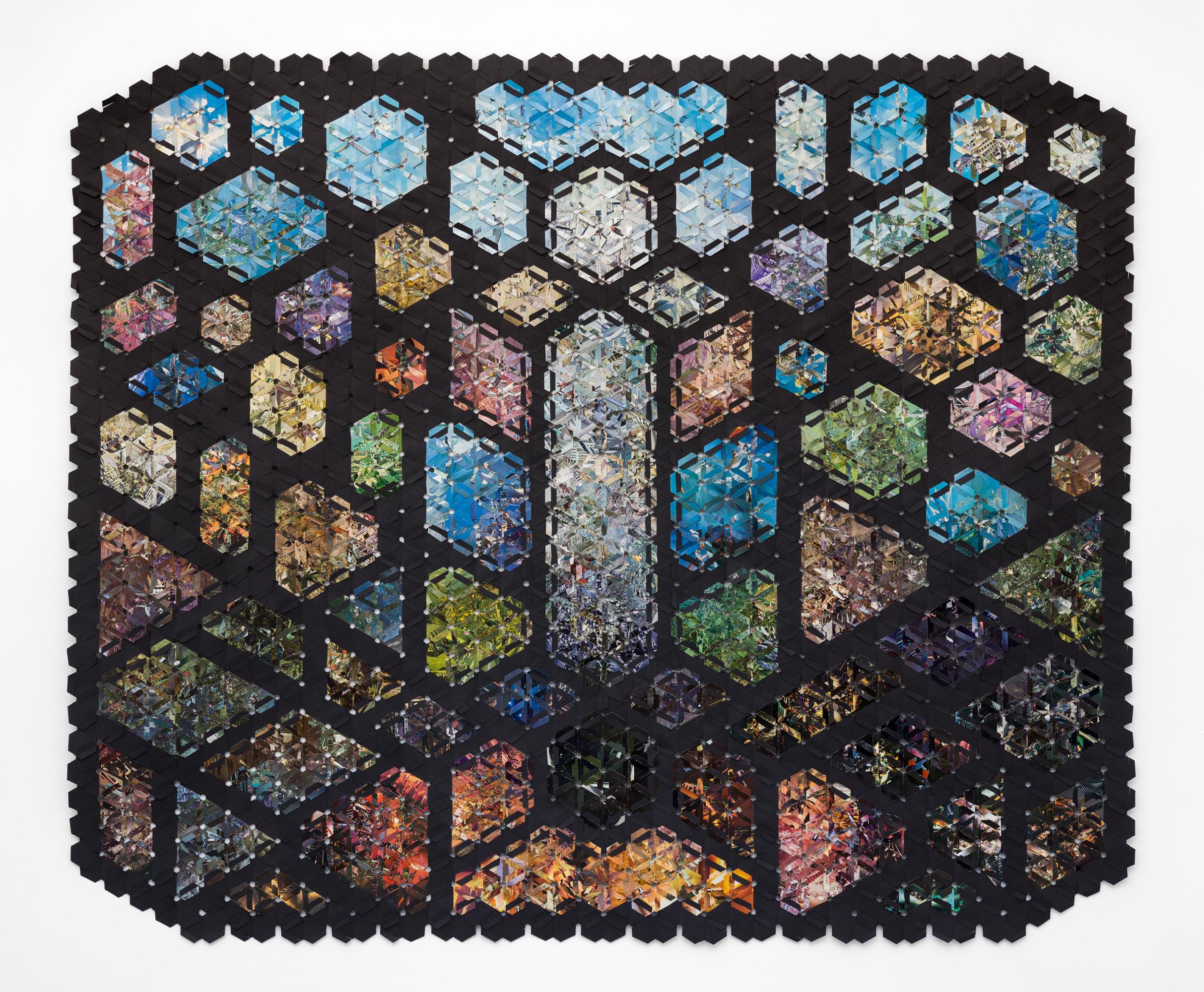 "I II", Colorful Woven Paper Geometric Kaleidoscope Assemblage