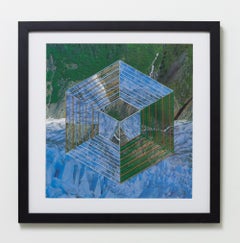 "Transformation 5", Embroidered Green and Blue Geometric Abstract Collage Framed