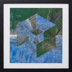 "Transformation 5", Embroidered Green and Blue Geometric Abstract Collage Framed