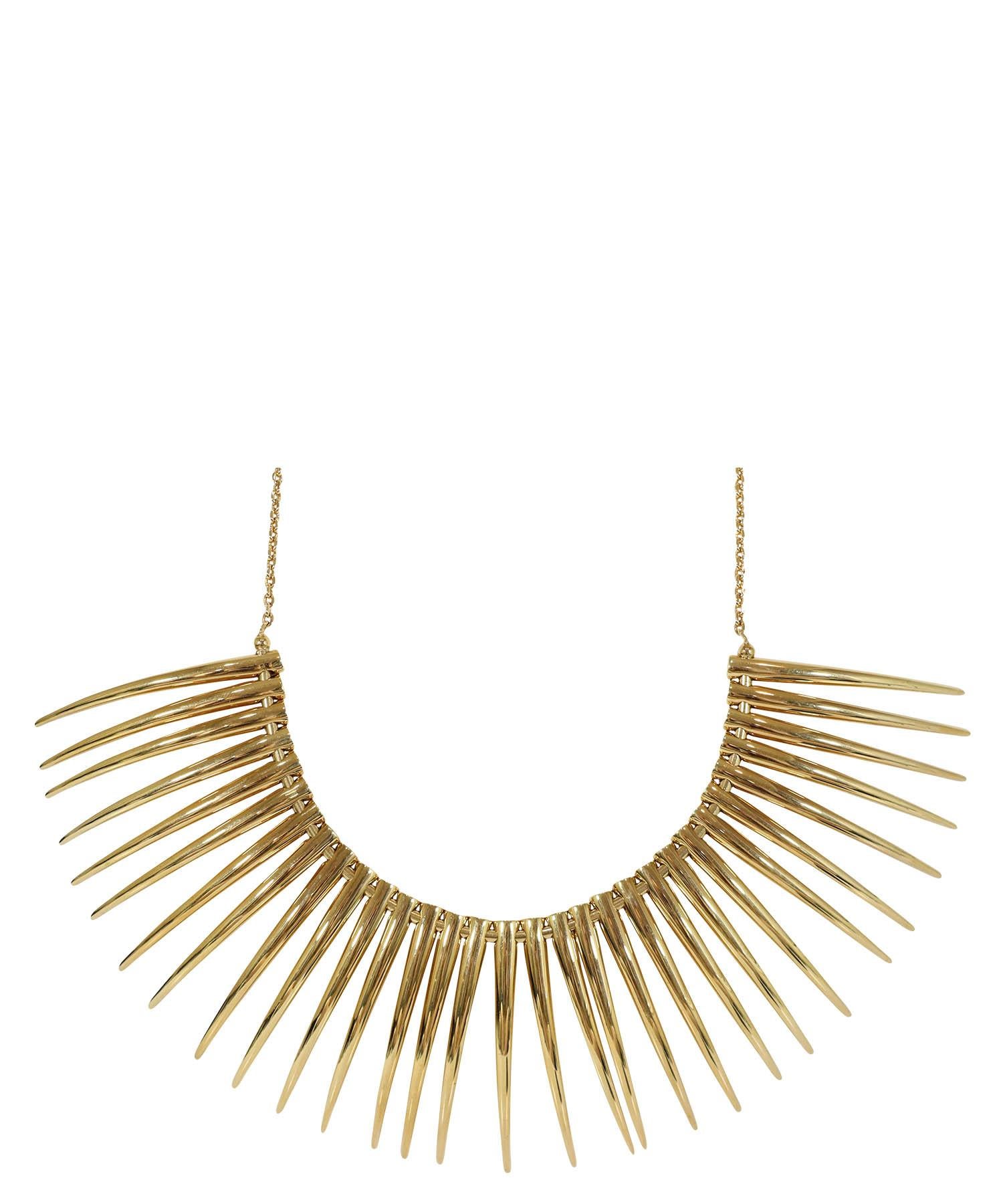 Alexander McQueen necklace, designed by Shaun Leane. Necklace has 31 long yellow gold vermeil polished quills strung on a formed gold bar. Each quil moved independently. Bar is on a matching chain with a lobster claw fastening and an engraved logo
