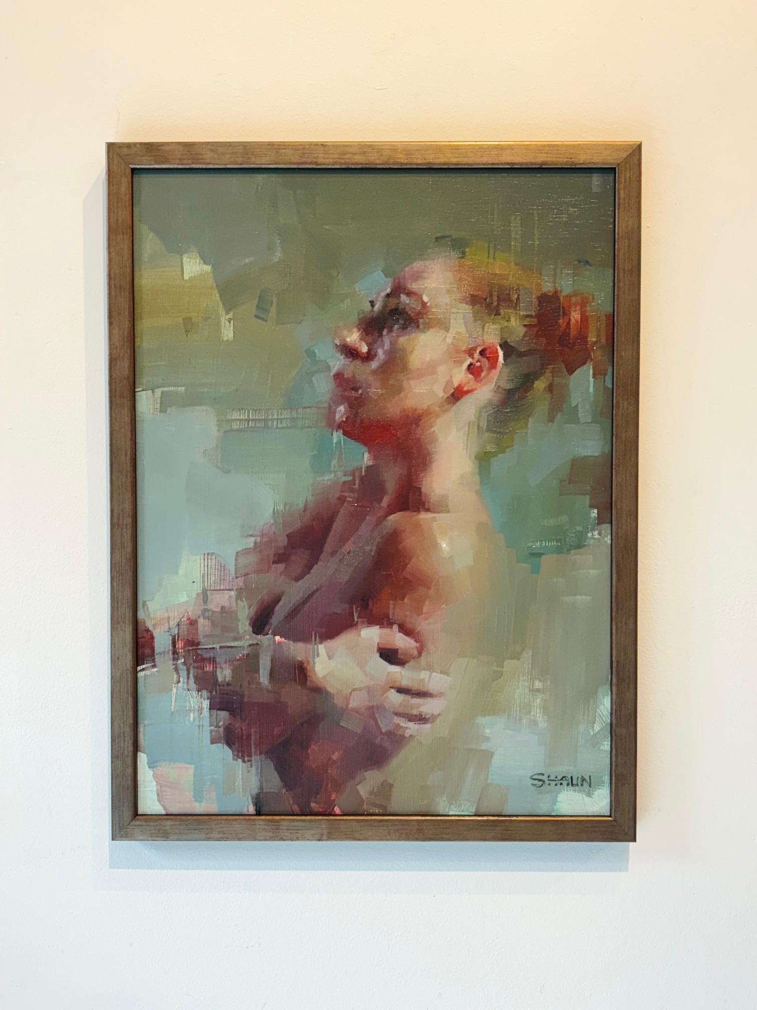 Nude in Green, Embracing the Self - original figurative expressive oil painting - Painting by Shaun Othen