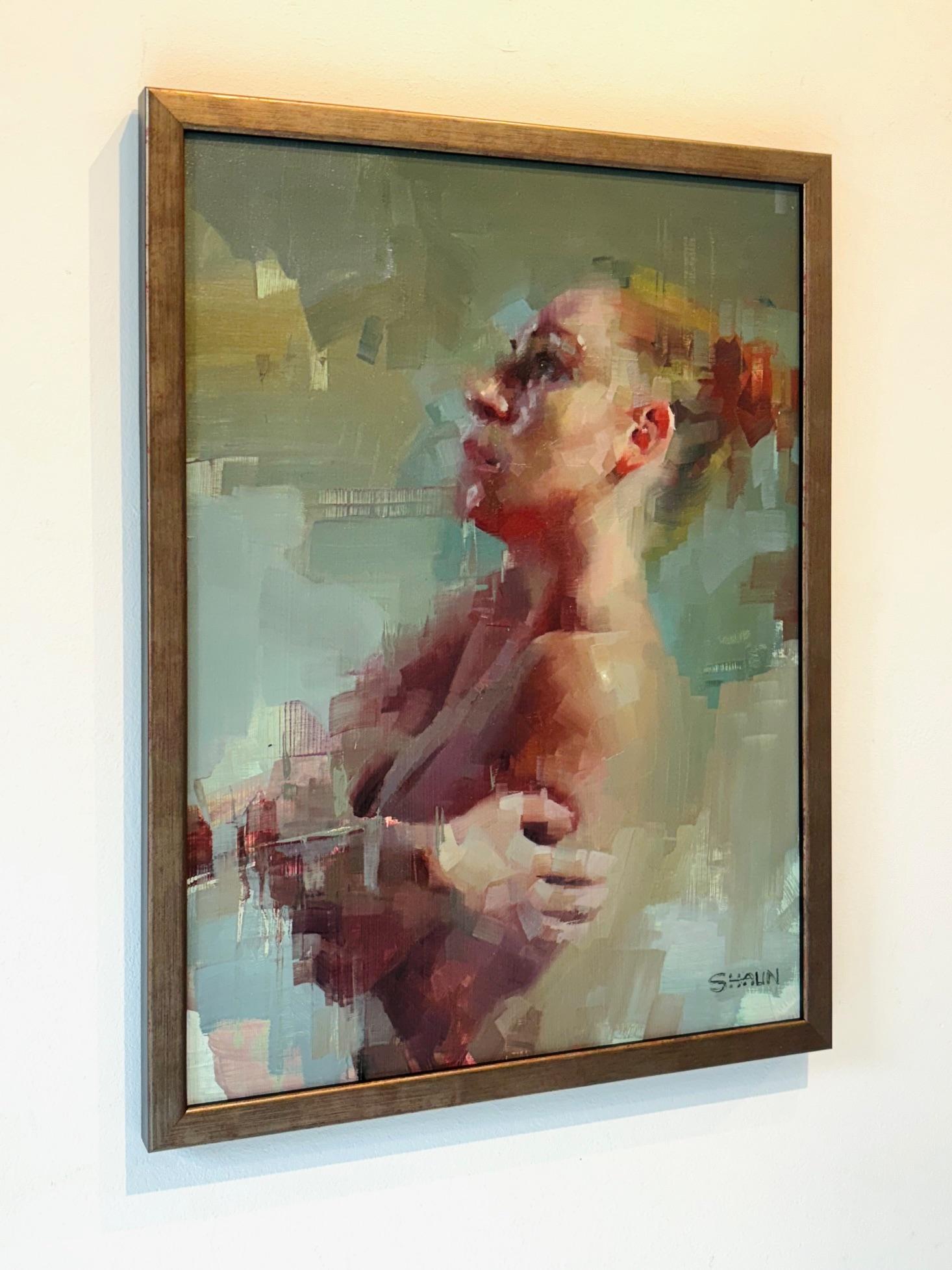 Nude in Green, Embracing the Self - original figurative expressive oil painting - Expressionist Painting by Shaun Othen