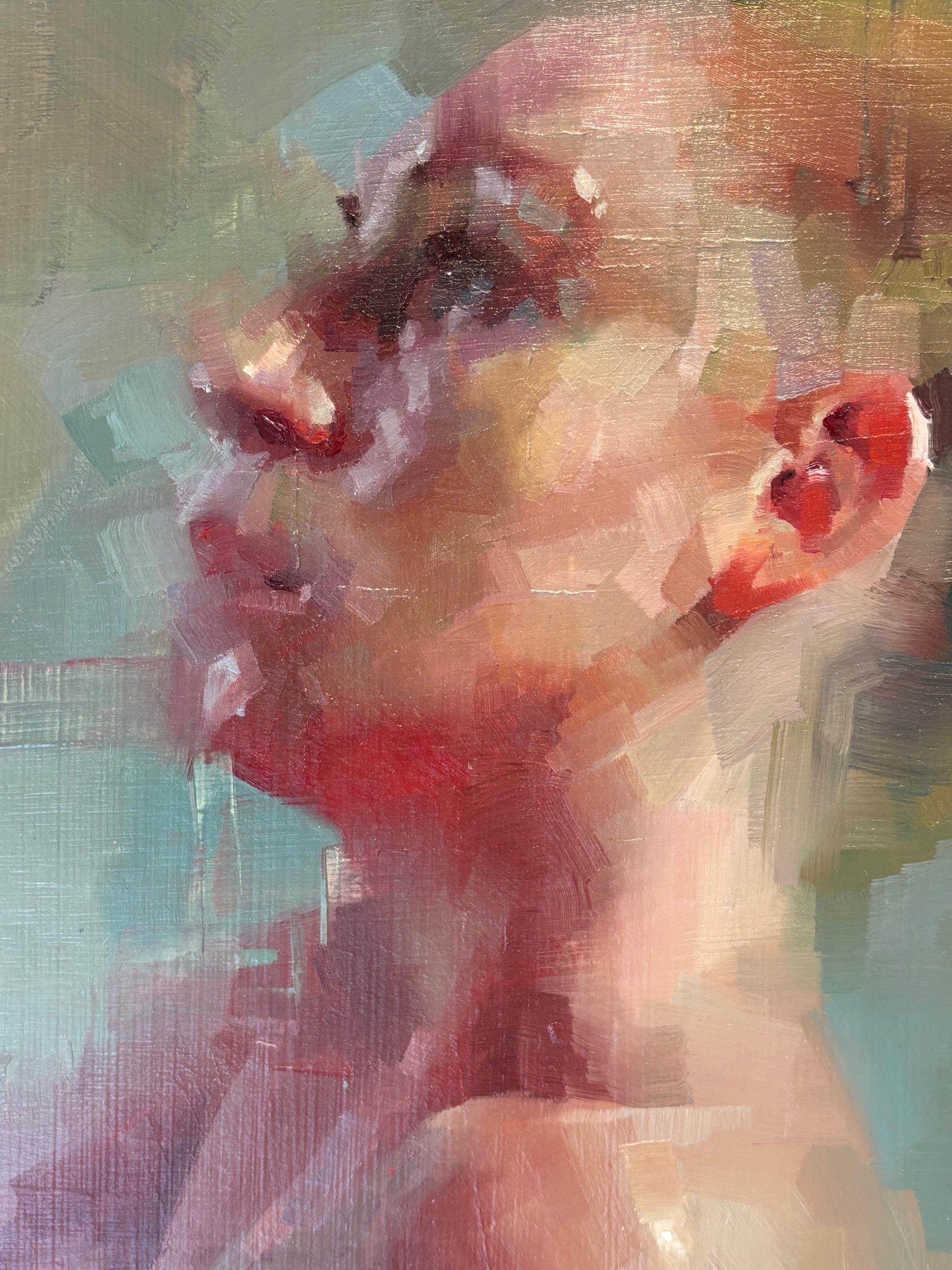 Nude in Green, Embracing the Self - original figurative expressive oil painting - Gray Figurative Painting by Shaun Othen