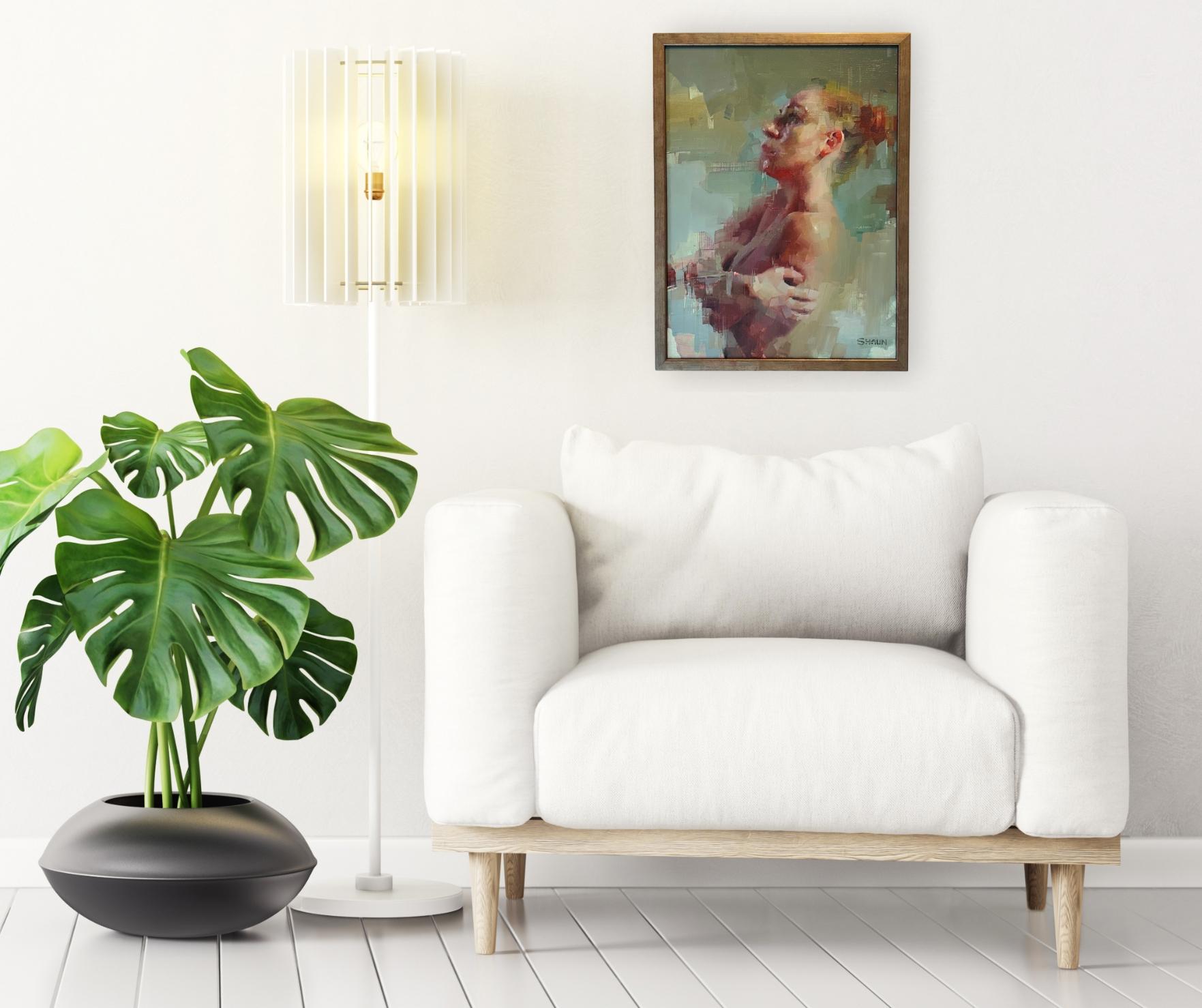 This exceptional artwork is currently on display and available for sale at Signet Contemporary Art Gallery and online.

This oil on board painting captures a deeply intimate and introspective moment, portraying a nude woman from a delicate side