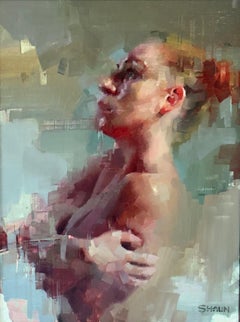 Desnudo en verde, abrazándose a sí mismo - pintura al óleo expresiva figurativa original