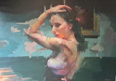 Figura trascendente con la mano levantada - pintura figurativa contemporánea original