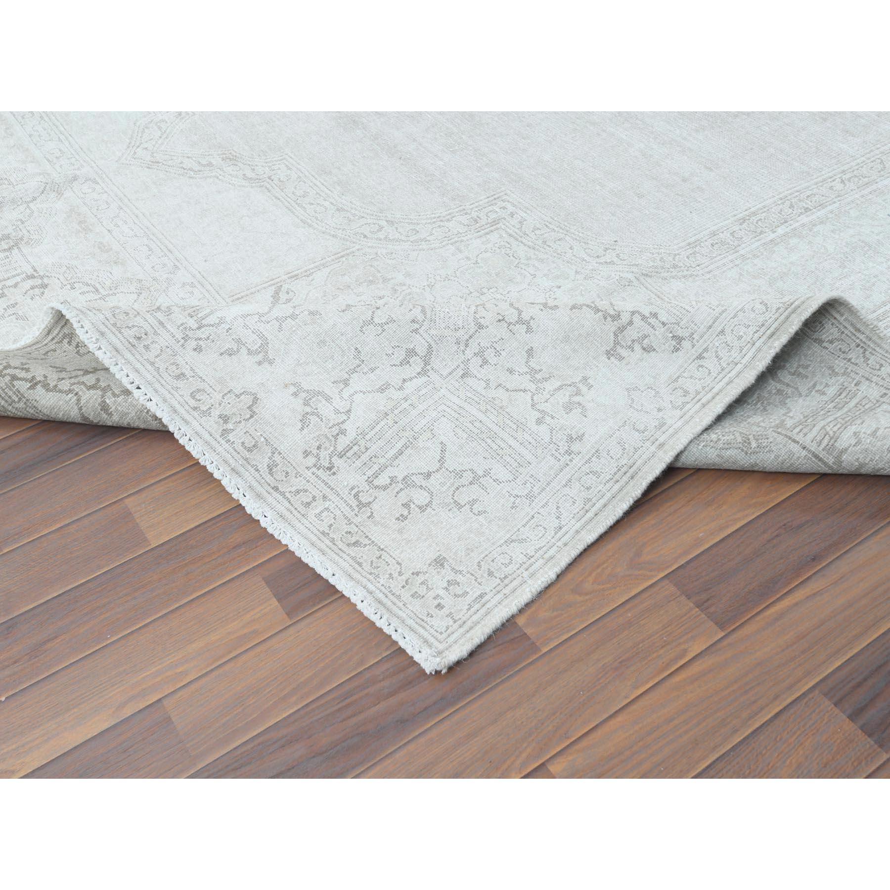 Hand-Knotted Shaved Down, Hand Knotted, Ivory Vintage Persian Kerman Distressed Worn Wool Rug For Sale