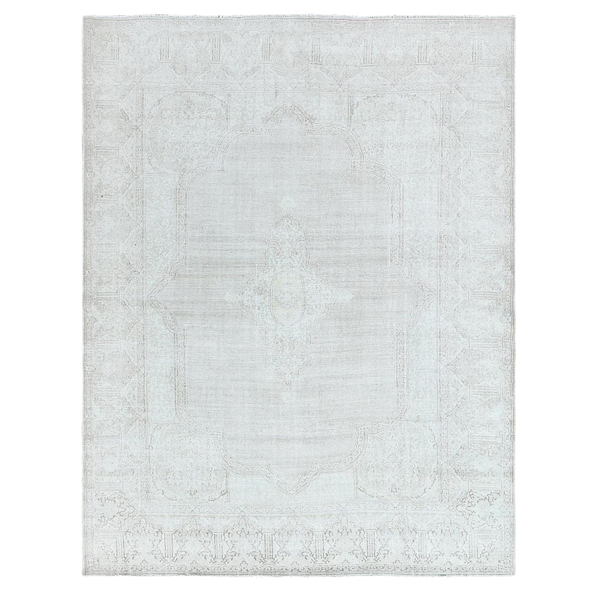 Shaved Down, Hand Knotted, Ivory Vintage Persian Kerman Distressed Worn Wool Rug For Sale