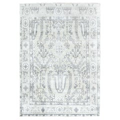 Shaved Down Hand Knotted Vintage White Wash Persian Tabriz Distressed Wool Rug