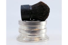 Shaving brush case with wooden handle and silver base