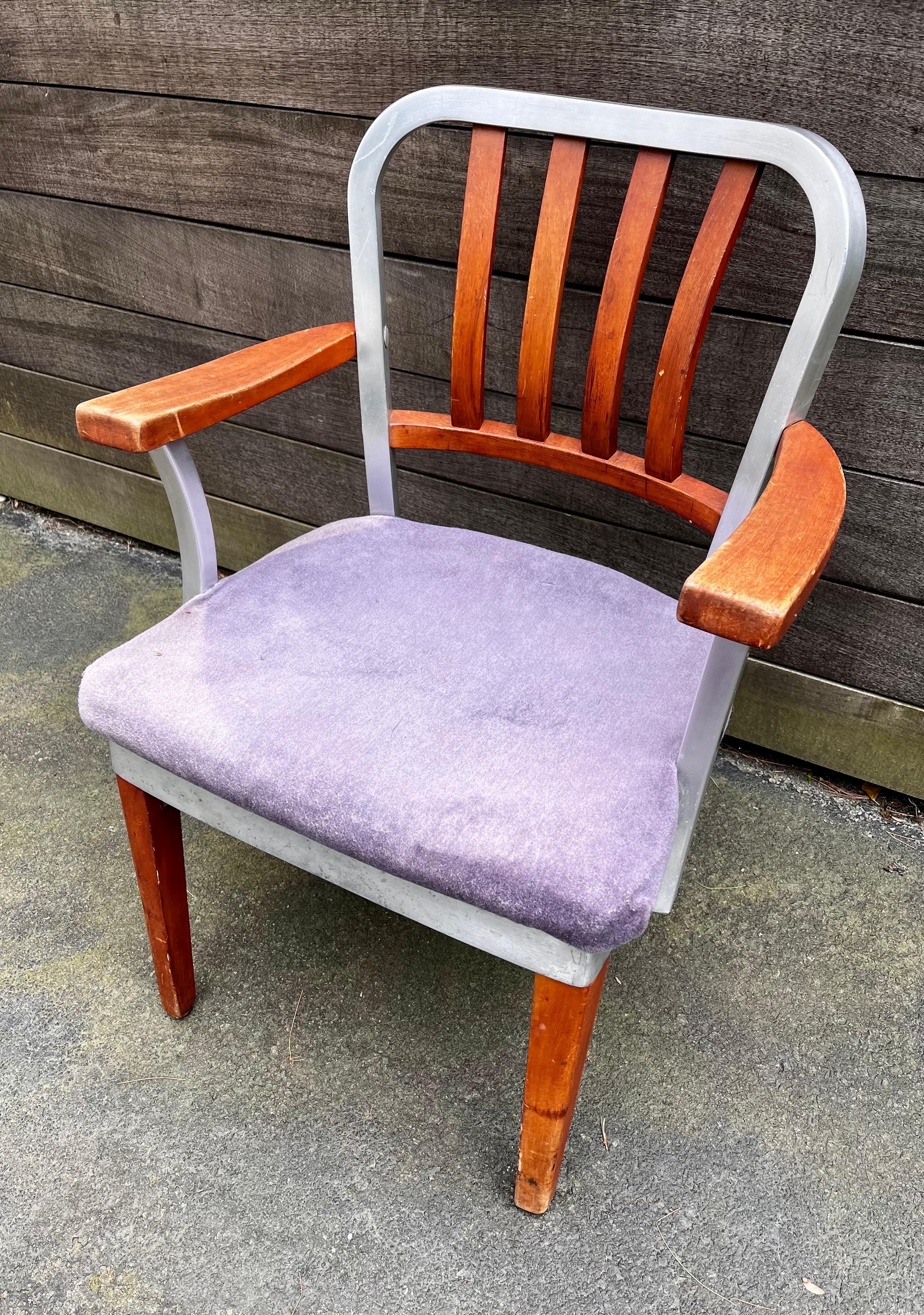 Industrial Shaw Walker Aluminum and Wood Armchair, circa 1940 (for restoration) For Sale