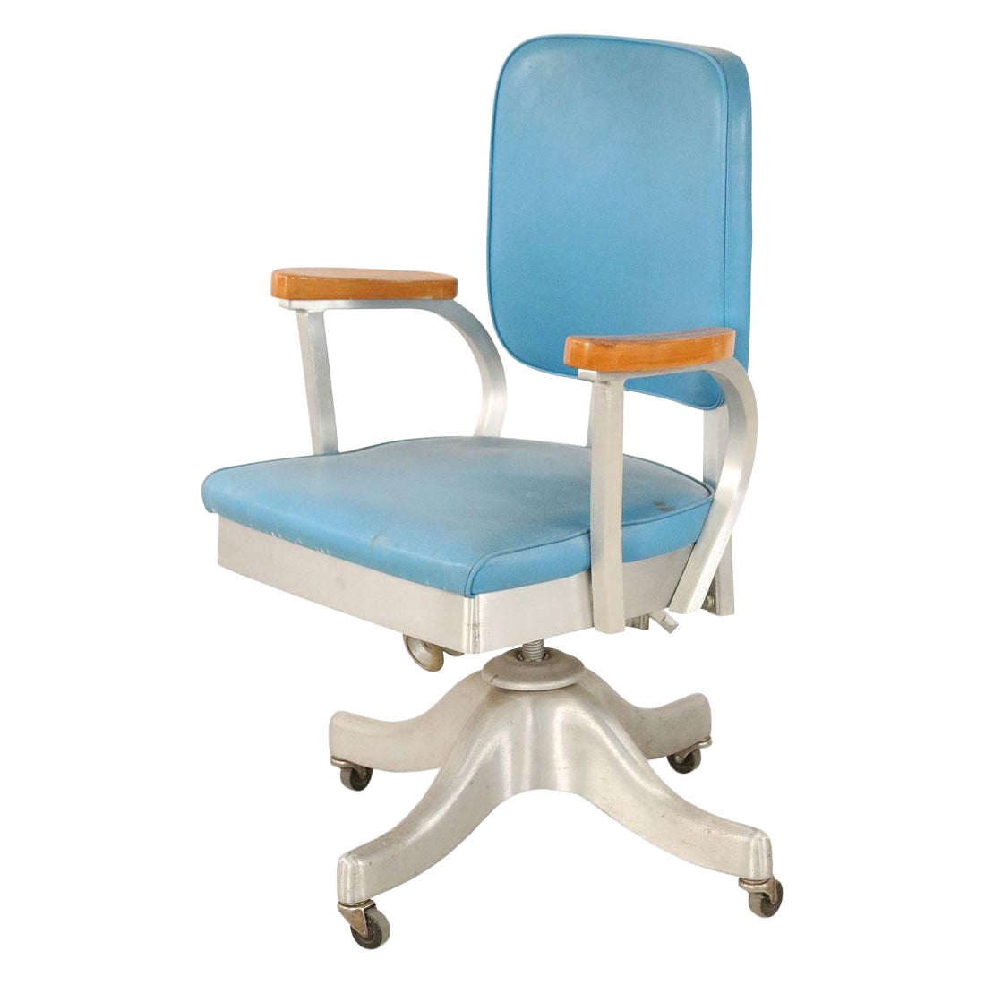 Shaw Walker Co. Mid-Century Blue Faux Leather and Steel Rolling Office Chair