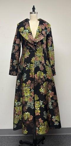 Shawl Collared Coat in Black with Jade and Rose Gold Embellished Floral Motif