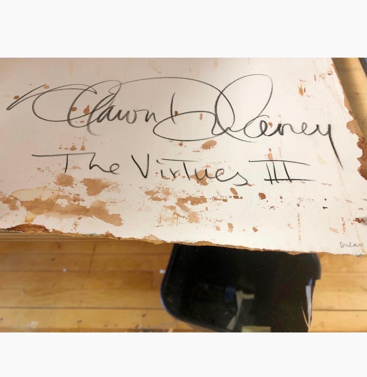 Shawn Dulaney
Die Tugenden IV
Handgemalte Farbe auf venezianischem Gips auf Papier, 
verso signiert und betitelt
22 x 30 Zoll (Blatt), 28 1/4 x 36 1/4 Zoll (Rahmen).

Die Gemälde von Shawn Dulaney sind geschichtete Farbkonstruktionen, raumgreifende