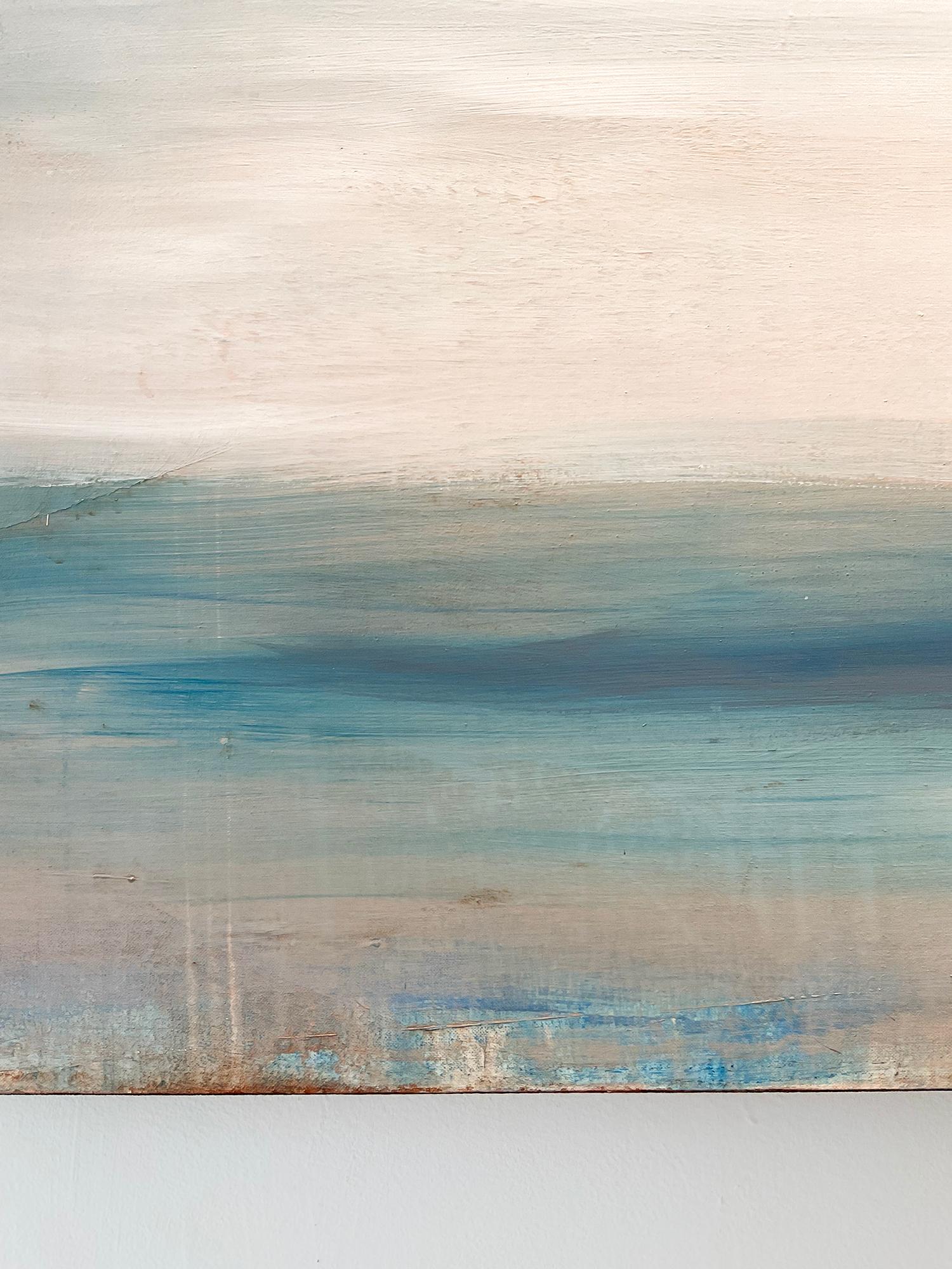 Abstract color field painting in atmospheric shades of blue, teal, aqua, white and grey with an accent of soft peach
