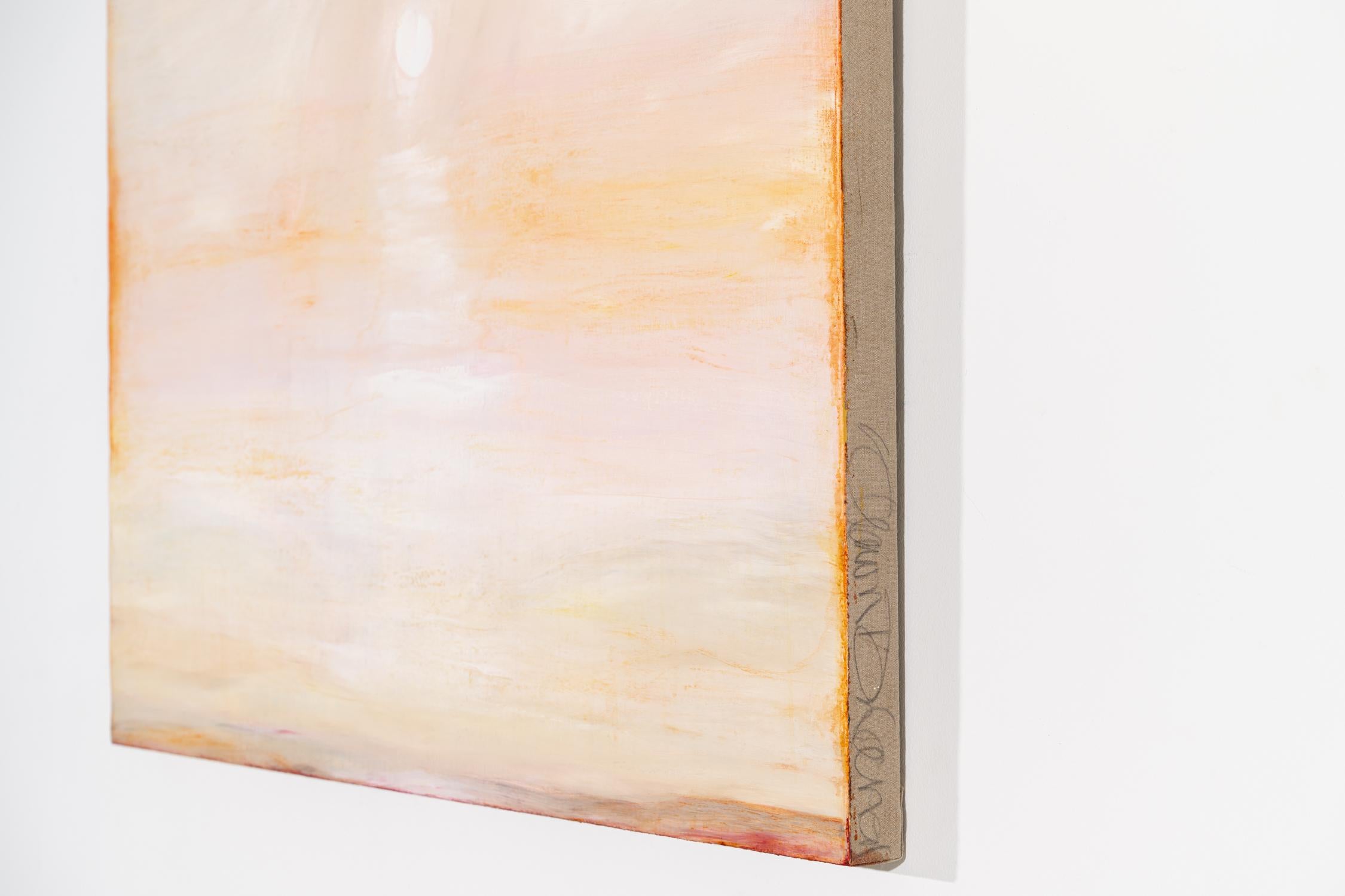 Abstract color field landscape painting in pale peach with accents of pastel pink, orange, and beige
