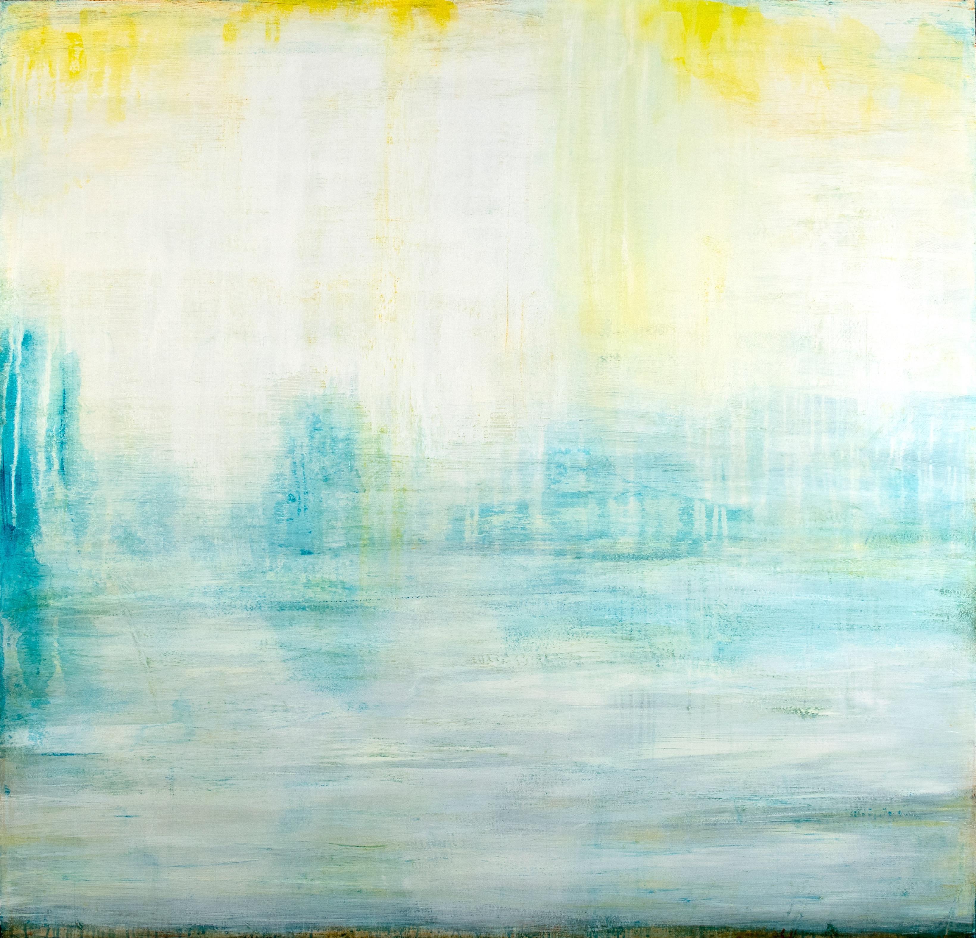 Shawn Dulaney Abstract Painting - "Listening"   Luminous large abstraction, white, yellow, blue, water reference