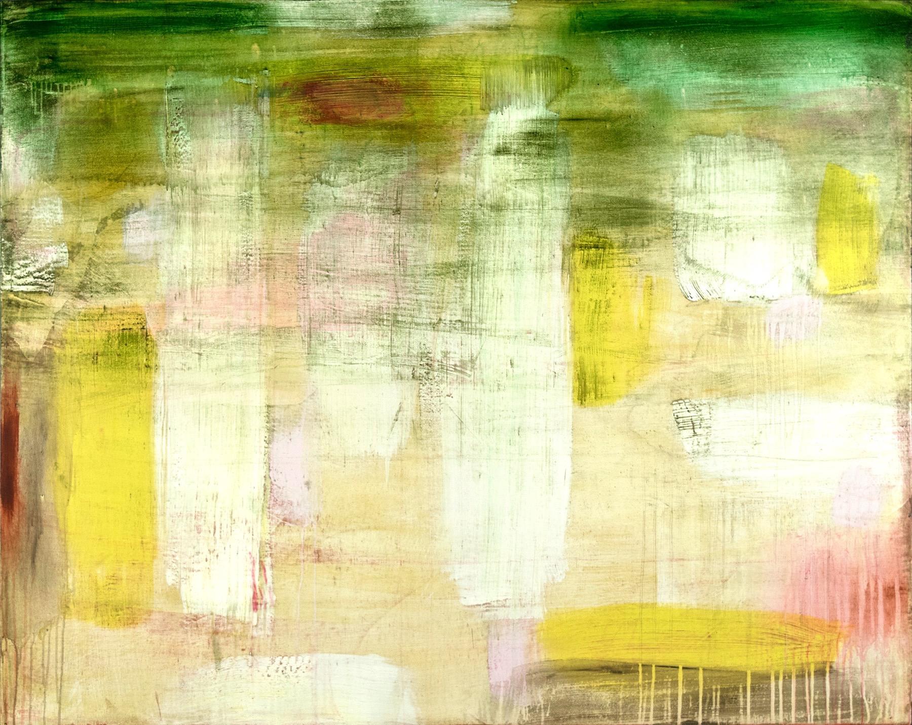 Shawn Dulaney Abstract Painting - "Only Love"  Light Filled Abstraction in Green, Pink White, Yellow and Tan