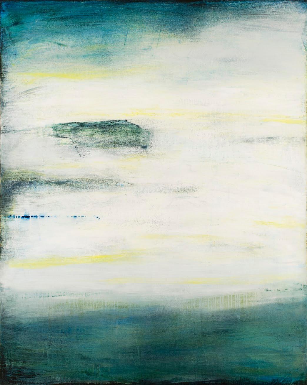 Shawn Dulaney Landscape Painting - "Wind on the Sea"  Luminous Water Abstraction White Deep Turquoise, Yellow Green