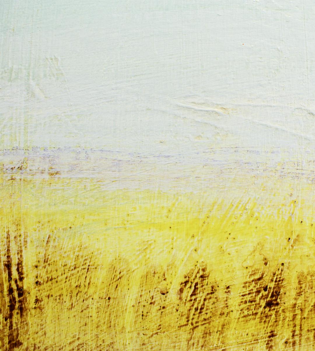 Abstract landscape painting with a yellow horizon and a pastel robin's egg blue sky 
