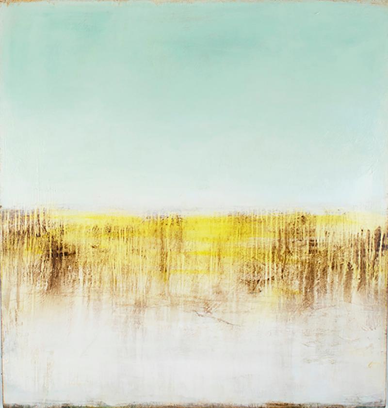 Shawn Dulaney Abstract Painting - Yellow Row: Abstract Yellow and Pastel Robin's Egg Blue Landscape Painting