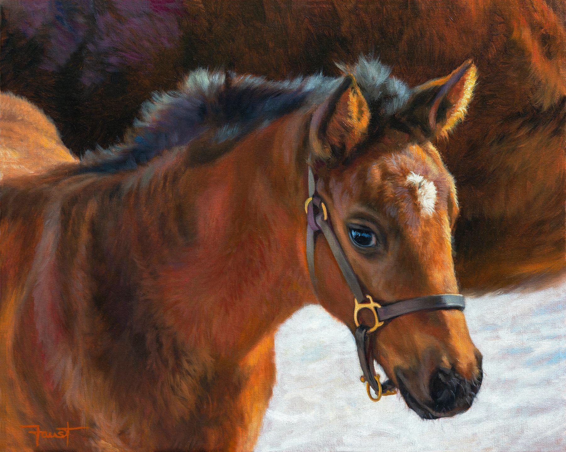 This equine oil painting on canvas, "Hopium" 24x30 by artist Shawn Faust features a portrait of a newly born brown foal next to the mother. Tufts of hair caught in the light soak in the warmth of the sun on this cold winter day. 

About the