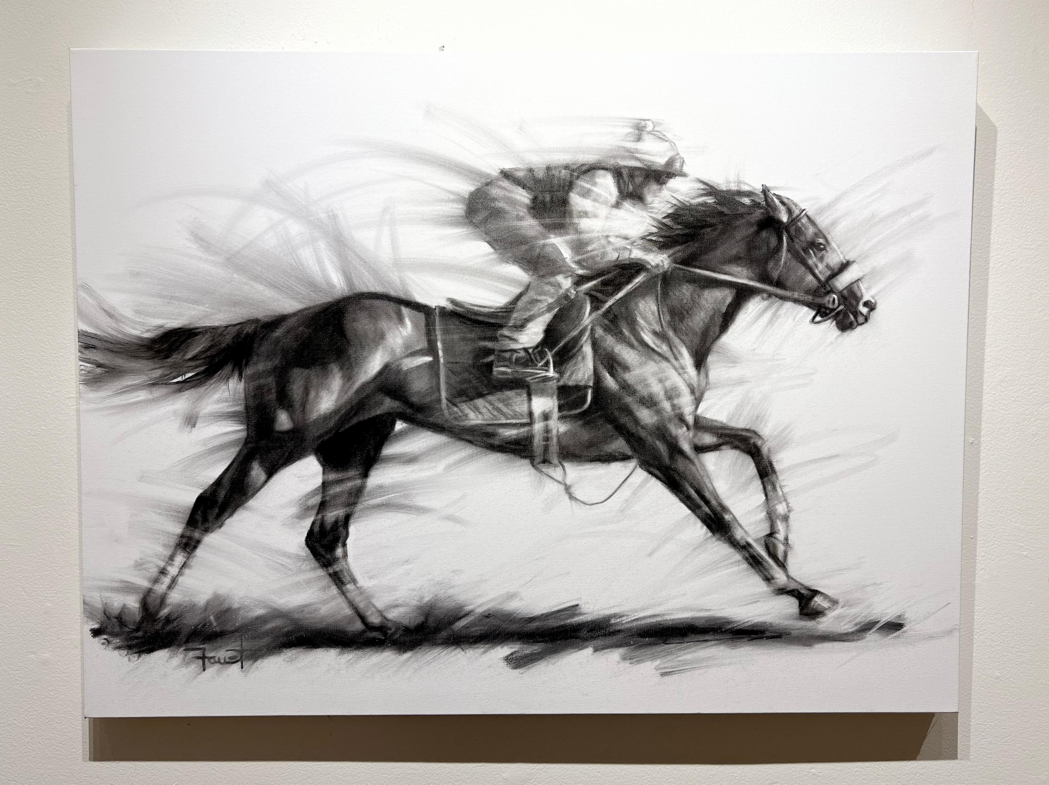 Shawn Faust, « Motorin », fusain de course de chevaux d'équitation noir et blanc sur toile en vente 1