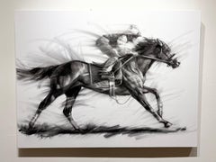 Shawn Faust, "Motorin", Black and White Equine Horse Race Charcoal on Canvas