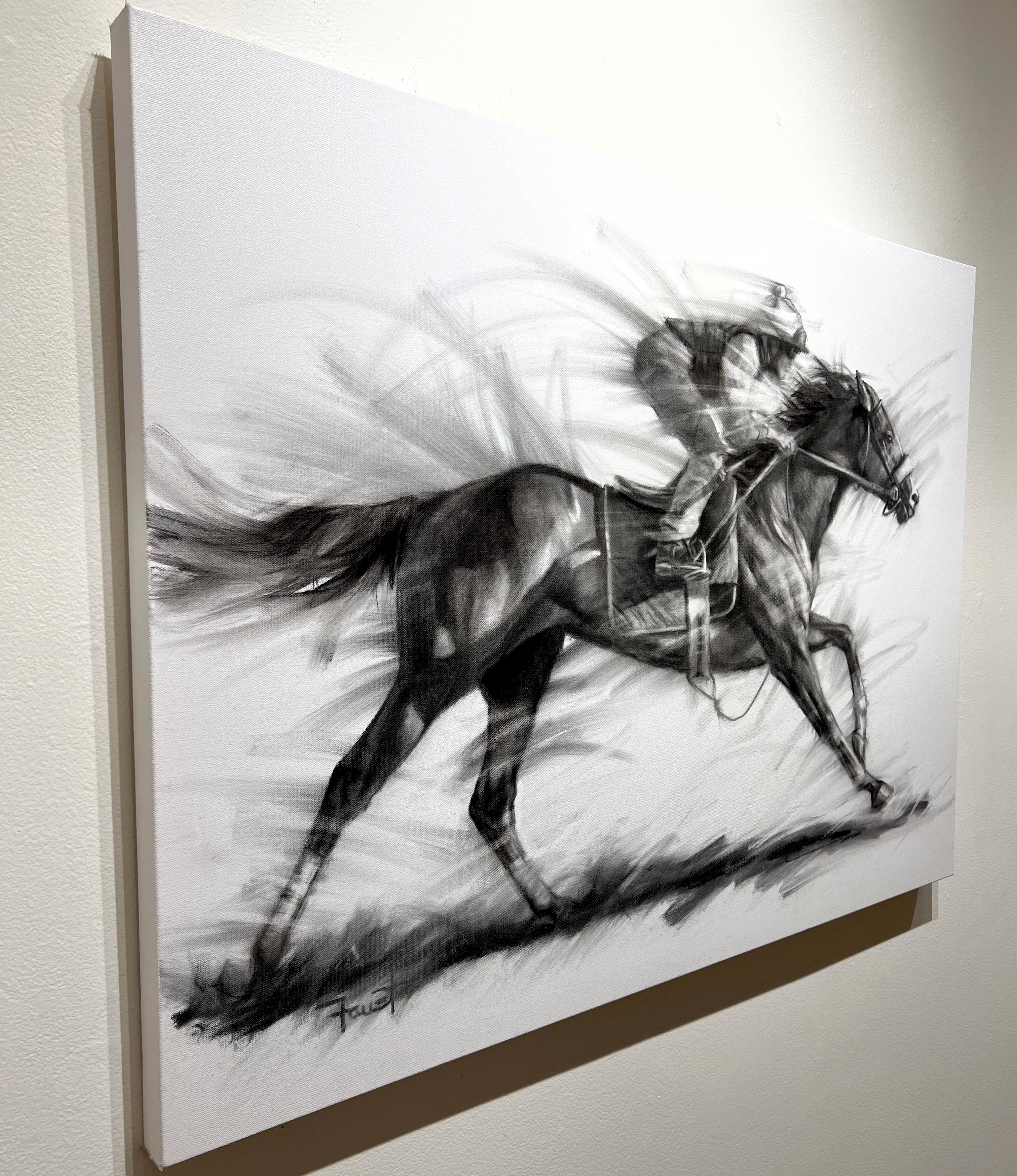 Shawn Faust, « Motorin », fusain de course de chevaux d'équitation noir et blanc sur toile en vente 2