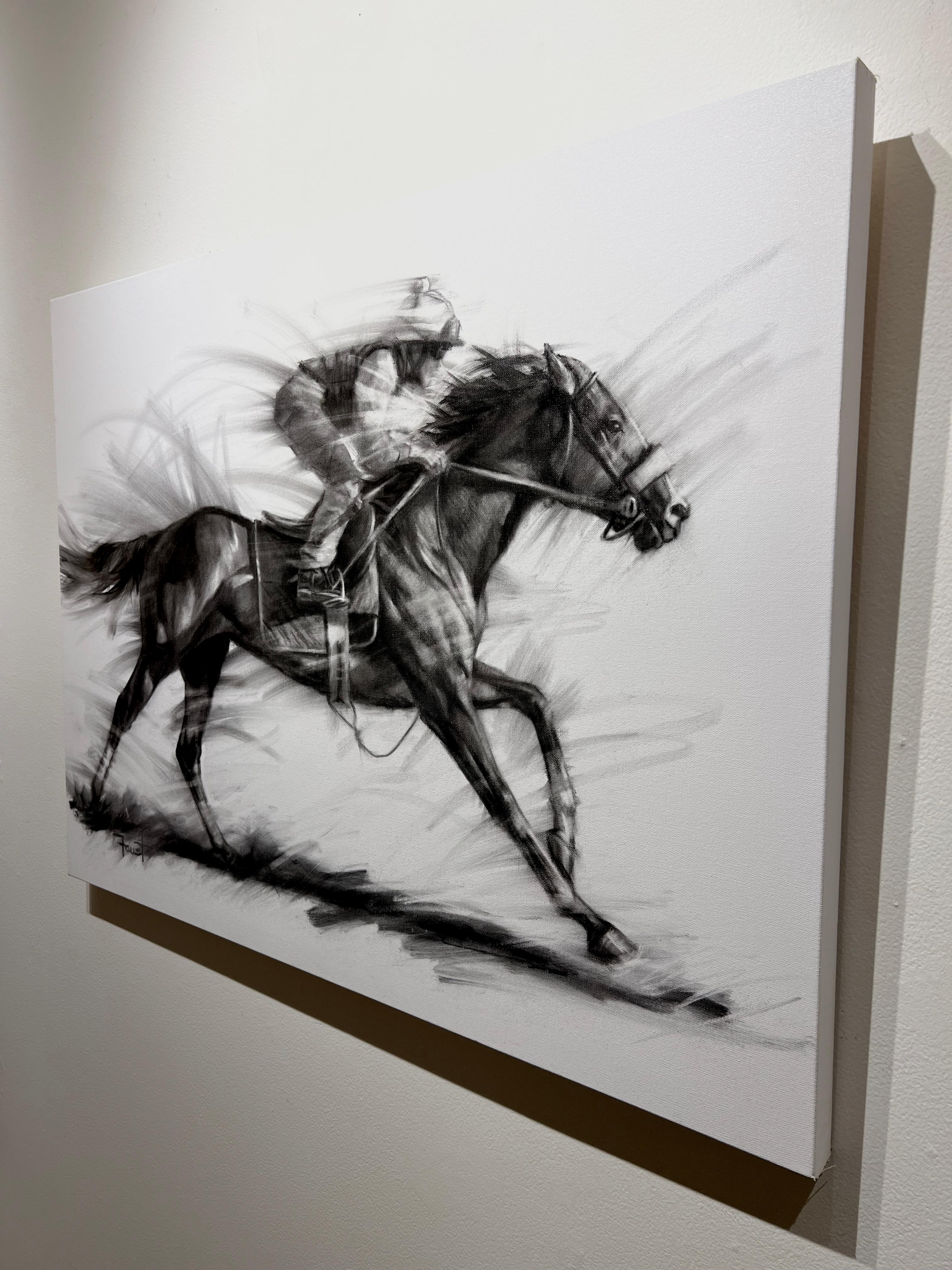 Shawn Faust, « Motorin », fusain de course de chevaux d'équitation noir et blanc sur toile en vente 3