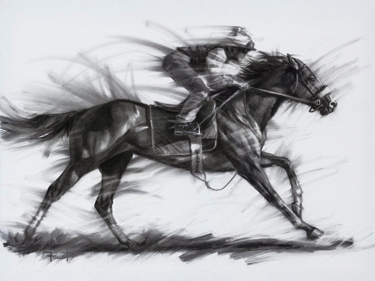 Ce dessin équin, "Motorin'", est une peinture au fusain noir et blanc sur toile de 30x40 pouces réalisée par l'artiste Shawn Faust, représentant un cheval et un jockey en plein saut. Complémentaires aux œuvres traditionnelles à l'huile de Faust, ces