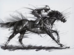 Shawn Faust, "Motorin", Black and White Equine Horse Race Charcoal on Canvas
