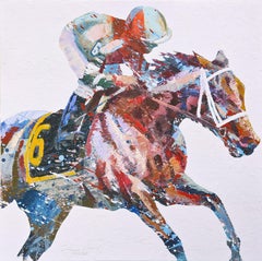 Shawn Faust, "Number 6" 36x36 Equine Racing Horse Mixed Media Painting on Canvas