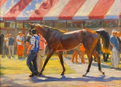 Shawn Faust, « Paddock Strut », peinture à l'huile sur panneau de piste de course de chevaux