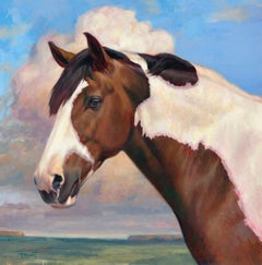 Shawn Faust, Peinture à l'huile sur toile « Paint », 36 x 36, peinte représentant un cheval d'équitation