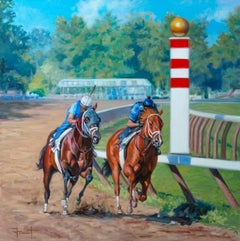 Shawn Faust, "Saratoga Breeze", 36x36 Equine Racetrack Oil Painting on Canvas 
