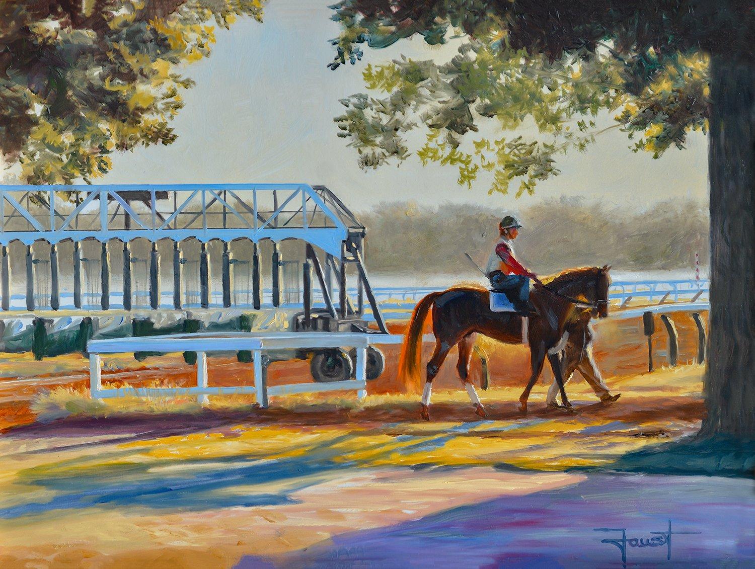 Cette peinture équine, "Starting Gate Sunrise" est une peinture à l'huile sur toile de 12x16" de l'artiste Shawn Faust représentant un cheval de course en route pour son entraînement matinal sur l'hippodrome. La lumière vive du début de l'année